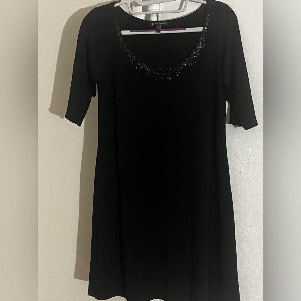 Eileen Fisher Mini Dress with Embellished Sequin Neckline 100% Silk